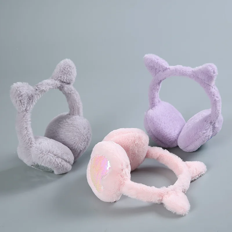Soft Plush Cat Earmuffs para crianças, Orelha de lantejoulas brilhantes, Earmuffs quentes, Earflaps para crianças, aquecedor de ouvido ao ar livre,