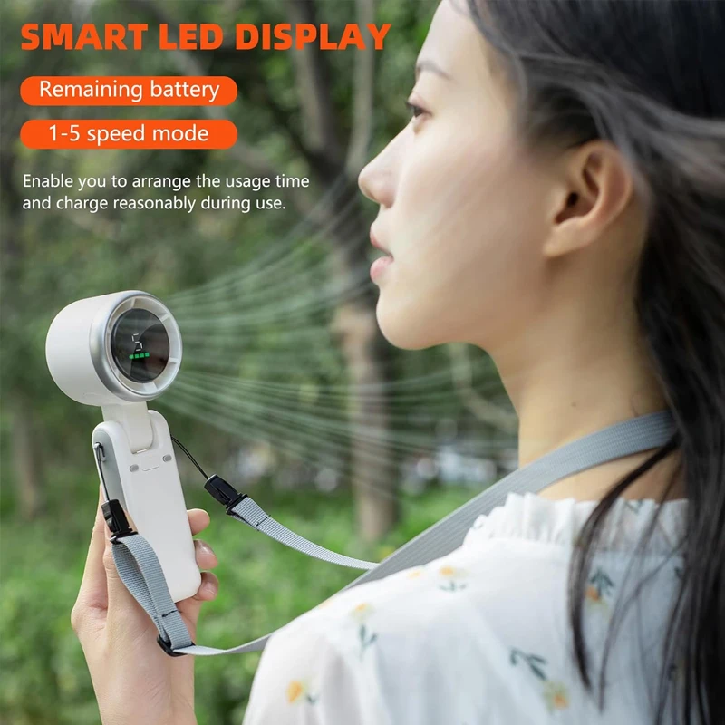 Handheld Mini Fan 5 Speed Foldable Mini Fan Portable Desk Outdoor Neck Hanging USB Rechargeable Fan Phone Stand Display Screen