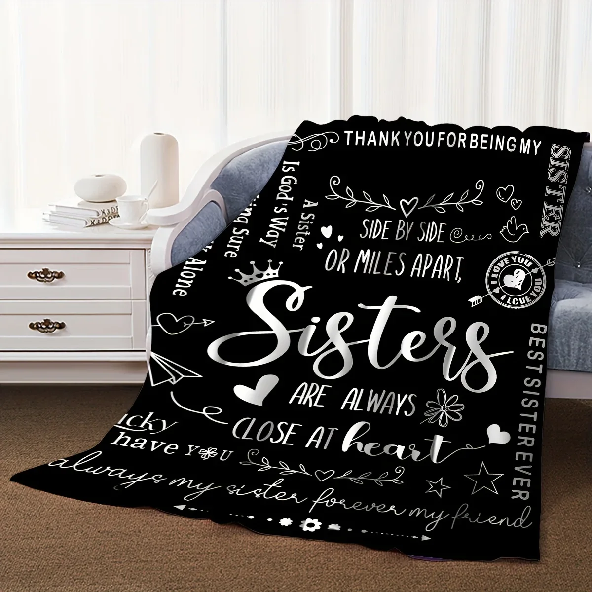 1pc Soft & Cozy Slogan Print Flannel Blanket - Warm Throw for Sofa, Bed, Couch, Camping, Office, Travel-Perfect Gift for Sister