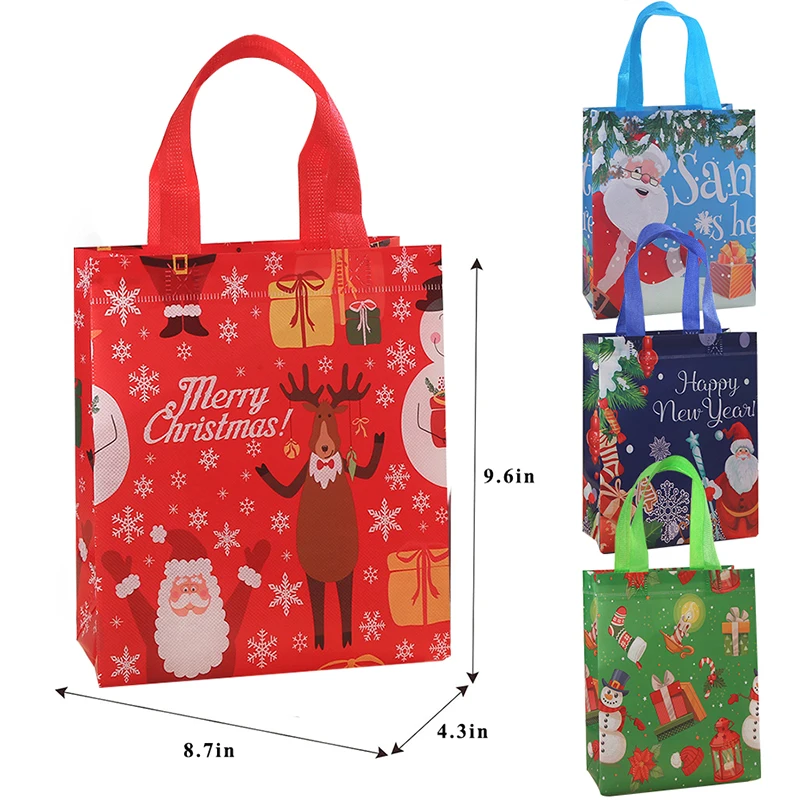 12pcs Christmas Reusable Gift Bags with Handles Non-wove Christmas Tote Bags Treat Bags Gifts Wrapping Shopping Xmas Party Decor