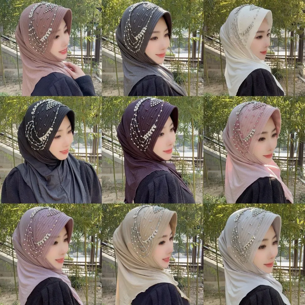 

New Muslim Star Tao yarn fabric handmade convenient scarf, pull-over sponge hat brim with hand-sewn rhinestones