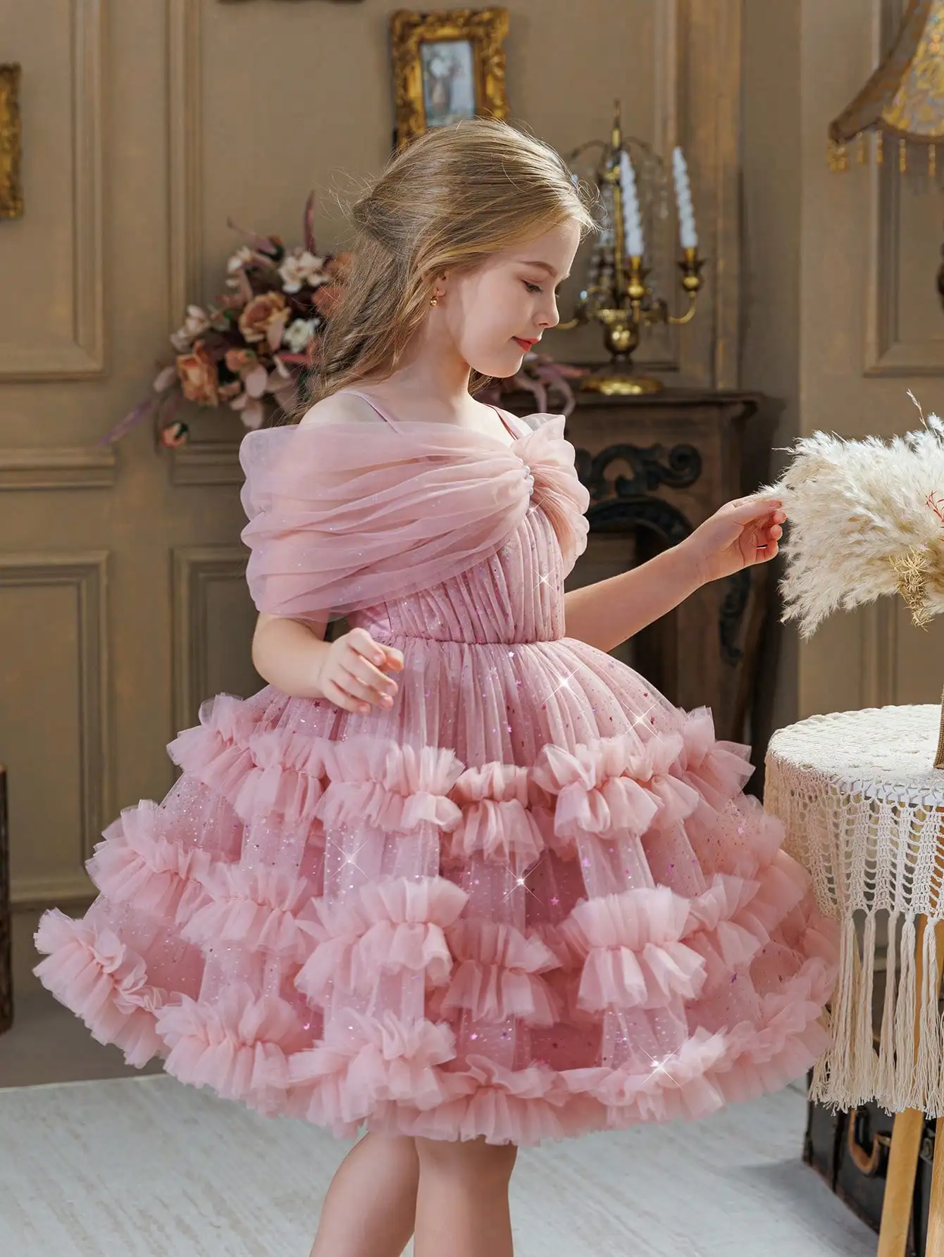 

Pink Off-Shoulder Tulle Dress with Ruffles and Sparkle Sequins for Girls Party Wear