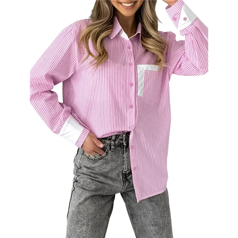 

A83F-Женские полосатые рубашки на пуговицах с длинным рукавом, офисные повседневные деловые блузки с карманом