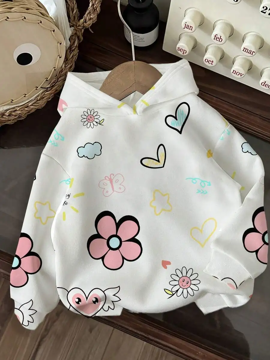 

White Floral Heart Butterfly Print Hoodie for Women, Loose Fit Casual Sweatshirt