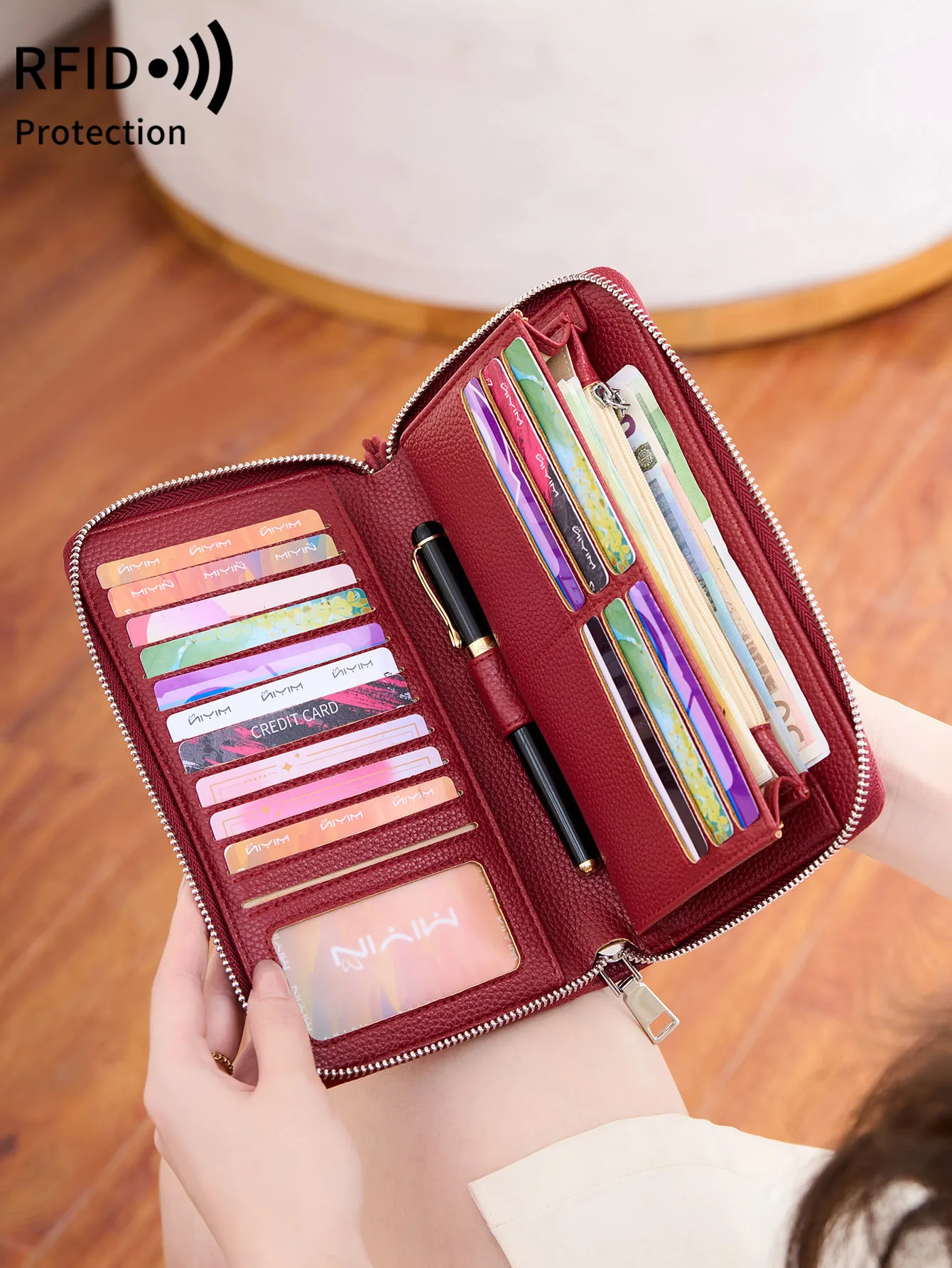 

Женский кошелек MIYIN, высококачественный кожаный кошелек на молнии с блокировкой RFID, большой вместительный длинный кошелек, клатч для кредитных карт, кошелек на запястье