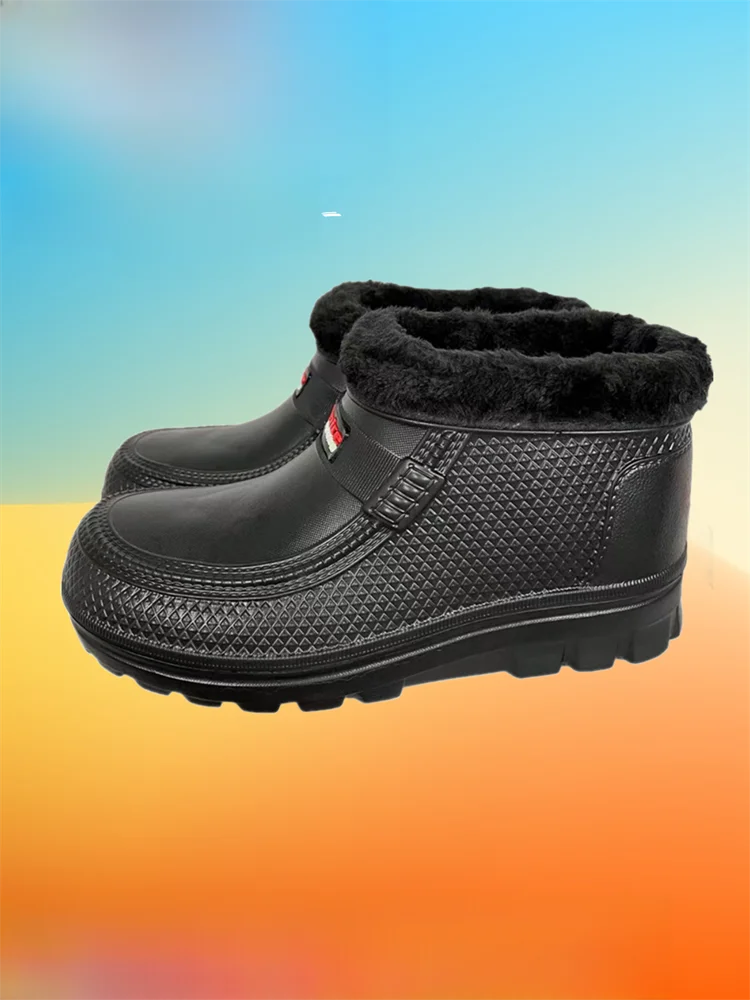 Waterproof Winter Cotton Boots Men's High Top Fleece Lined Snow Boots Kitchen Car Wash Casual Low Heel round Toe Boots