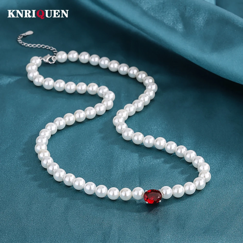 Charms 7*9mm Oval Ruby Emerald Aquamarine Pearl Pendant Necklace for Women Luxury Fine Jewelry Birthday Gift for Mother Ladies