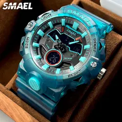 SMAEL-Montre numérique à quartz pour homme, montre-bracelet chronographe, affichage double mode, date automatique, semaine, bracelet en silicone bleu clair