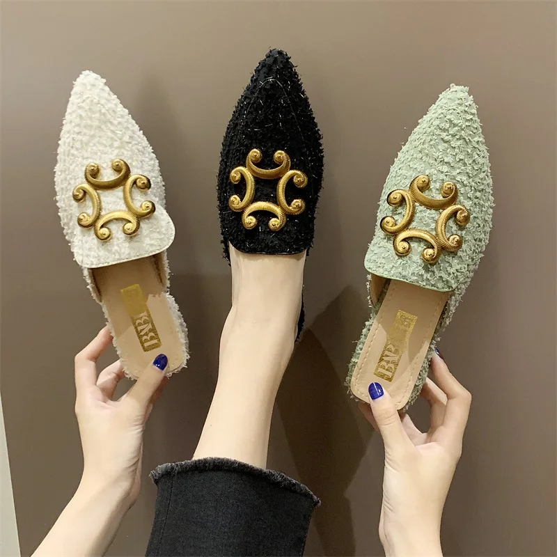 Miaoguan New Winter Clear Ladies Slippers Faux Fur Mules Slides Women Shoes Bow Knot Pointed Toe Square Mid Heels Shoe Woman 39