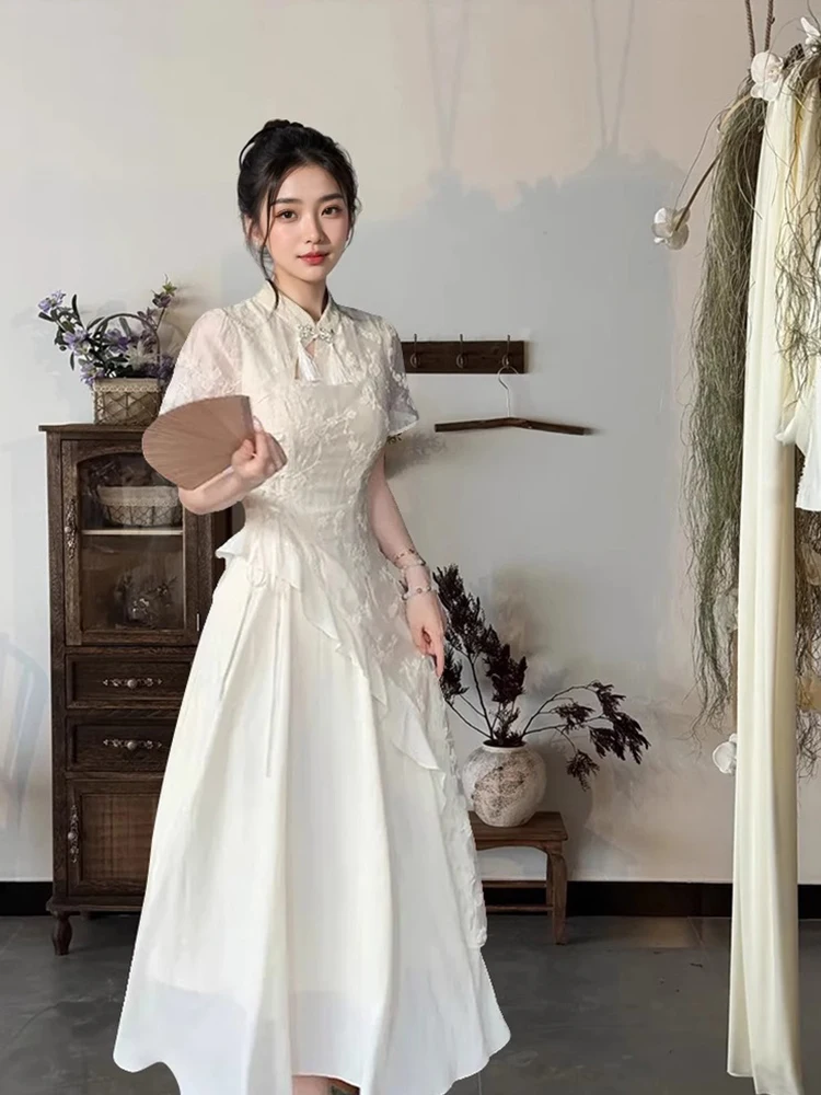 Estate 2025 Nuovo spirito nazionale cinese Sle ricamato floreale colletto alla coreana orlo asimmetrico abito Midi Dr