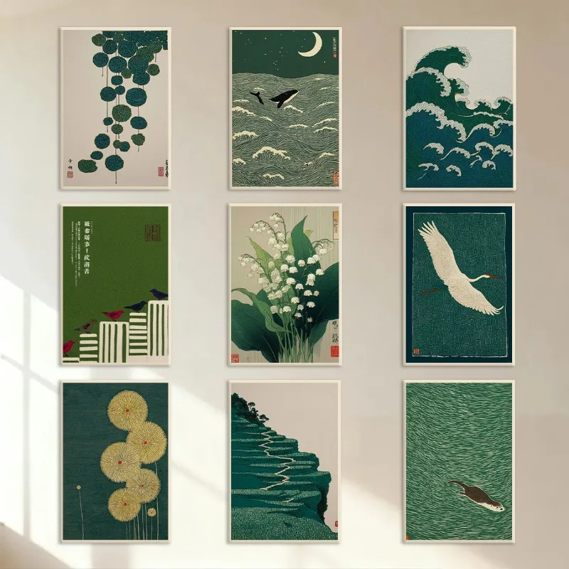 Vintage Japanese Green Abstract Waves Zen Poster Crane Frog Cat Owl Plant Canvas Painting Wall Art for Living Room Home Decor