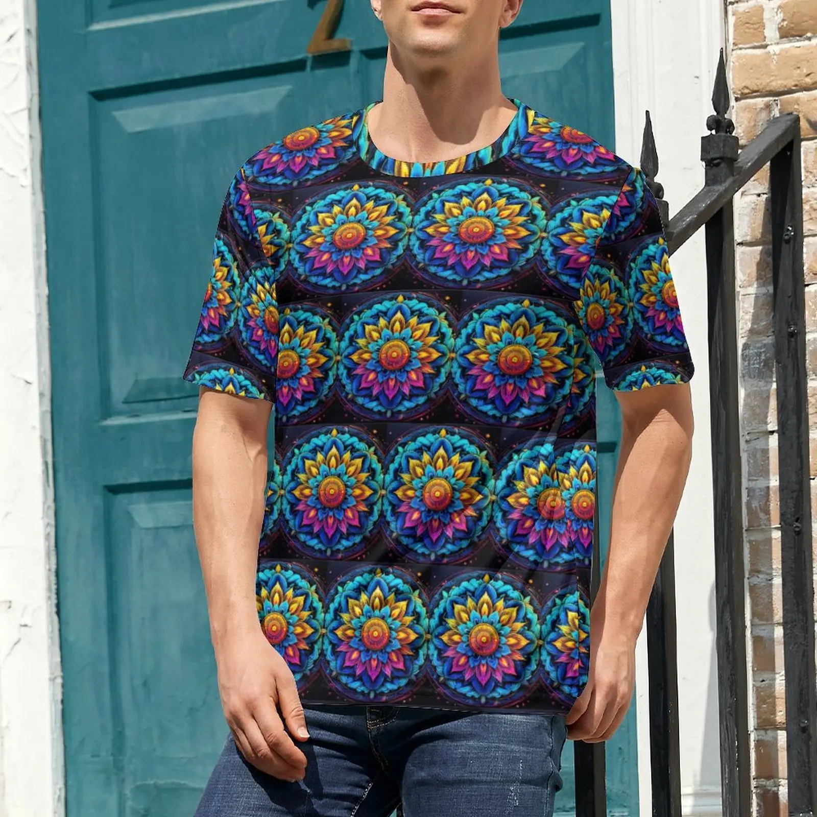 Summer T-Shirt Colorful Neon Mandala Print T Shirts  Y2K Fun Hip Hop Tees For Man Short Sleeve Graphic Plus Size Clothes
