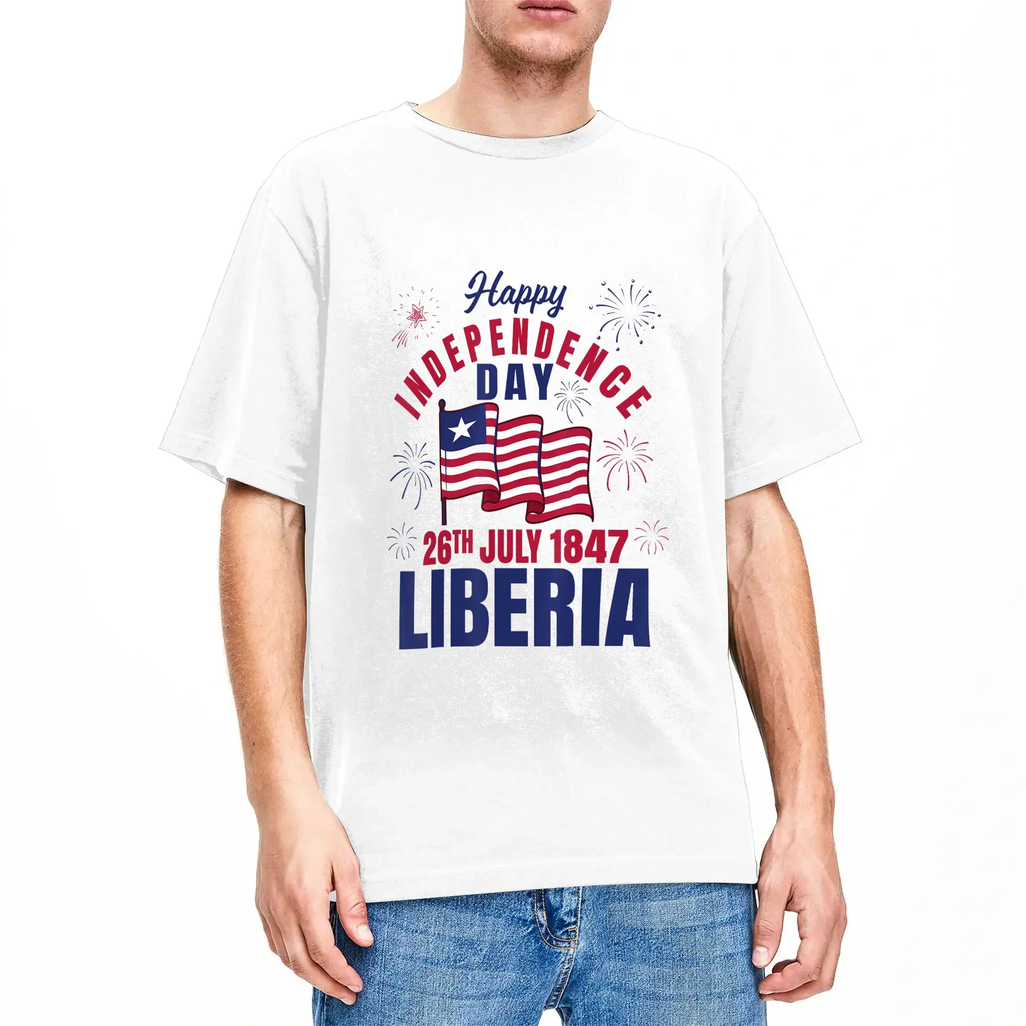 Happy Liberia Independence Day Liberia Liberian Flag T-Shirt for Men  Vintage Pure Cotton Tees Crewneck Short Sleeve T Shirt