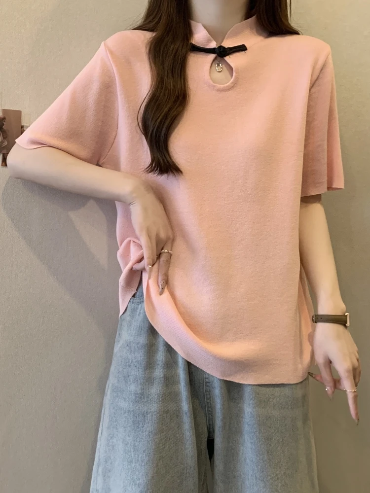 

New Chinese Style Short Sleeve T-Shirt Women's Summer plus Size Slimming Design Sense Hollow out National Style Tang Suit Top
