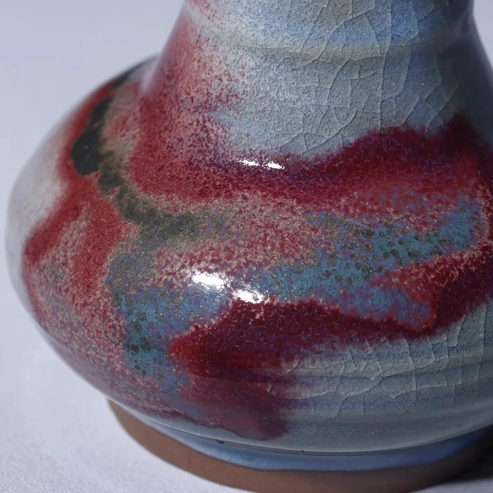 Jun Porcelain Bamboo Shape Fully Handcrafted Moon White Red Spots Bluish-pink Glaze Wood Burned Song Style Vase by Liu Chuan Bo