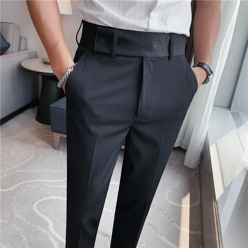 High Waist Dress Pants British Style Men 2024 Spring Casual Solid Color Trousers Fashion Slim Fit Formal Suit Pants Men Clothing