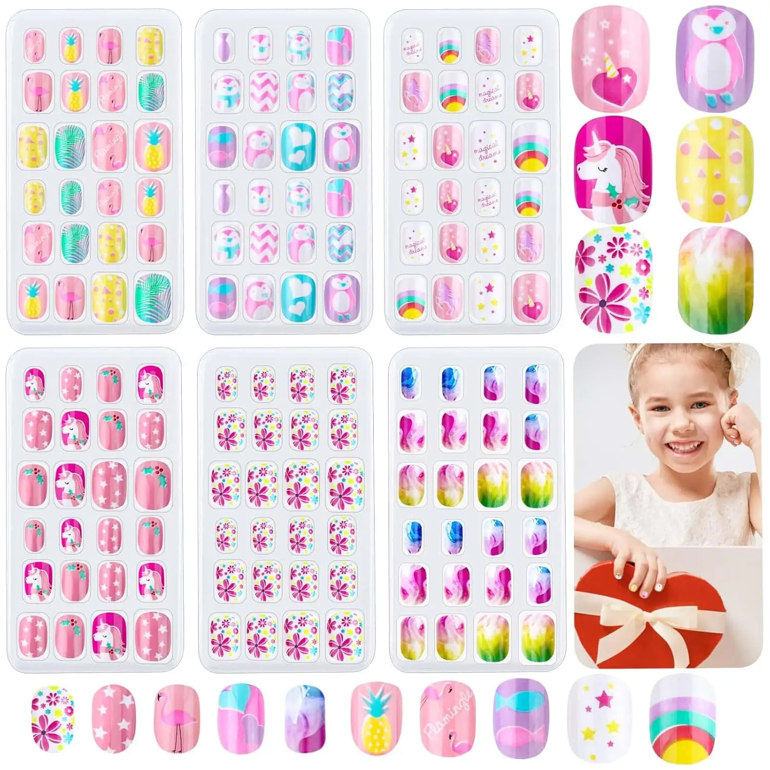 

144 Pieces Press on Nails for Girls Kids, Short Acrylic Fake Nail Tips with Pre Glue, Rainbow Sky Design