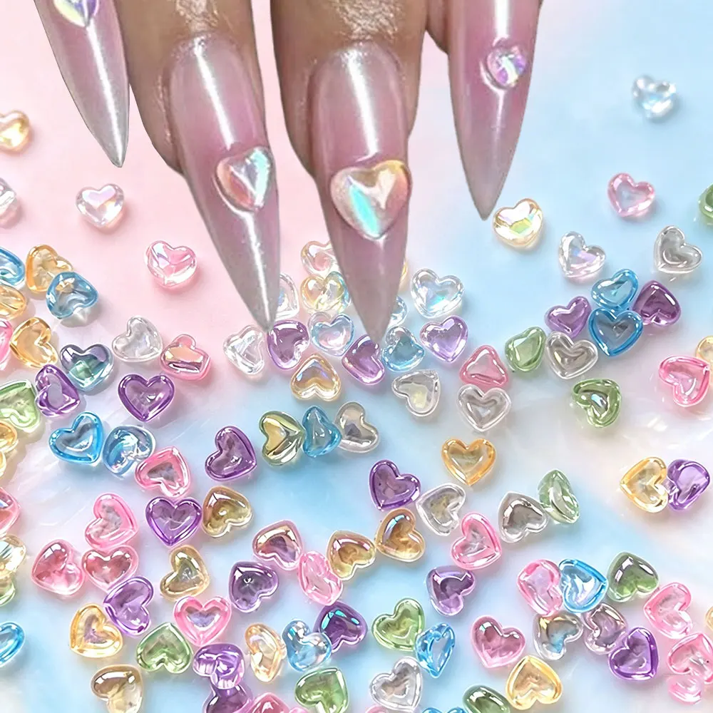 100/200pcs 3D Aurora Mermaid Hearts Nail Rhinestones Shiny Colorful Peach Heart Nail Gems Charms Flatback Heart Nail Decorations