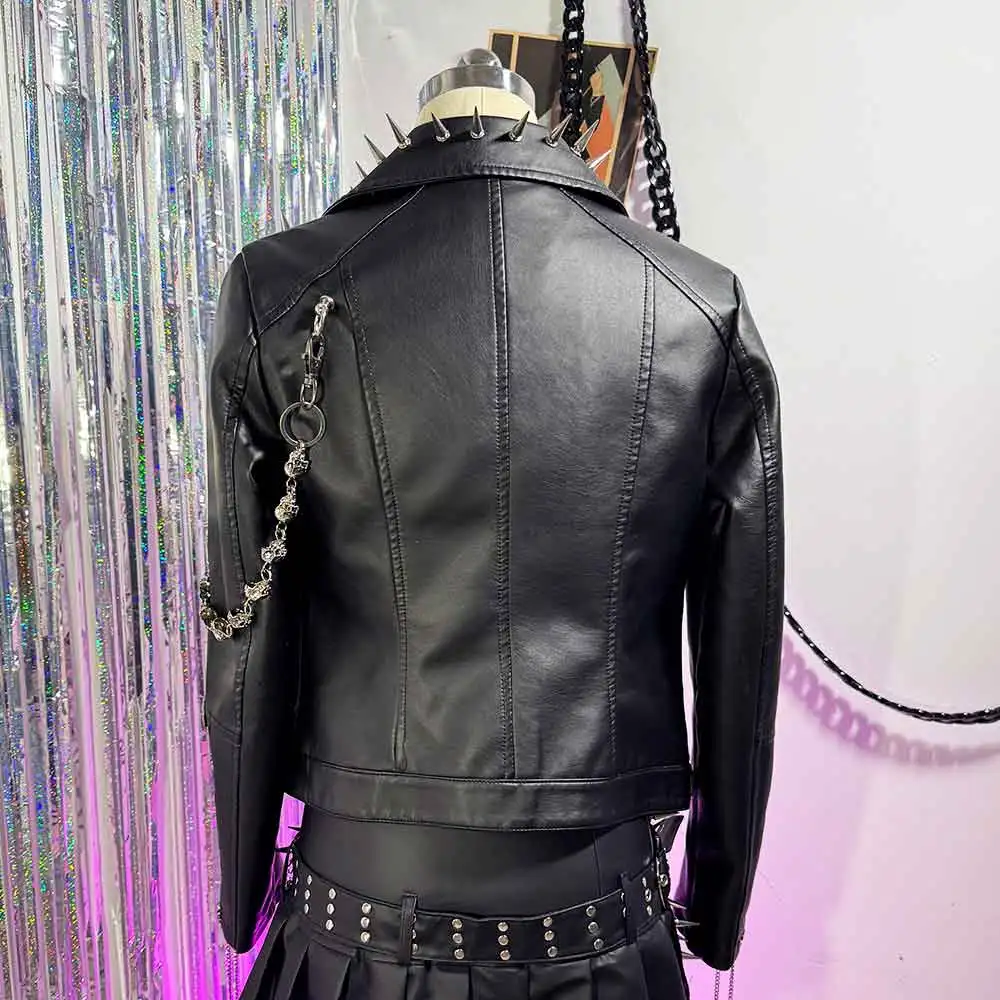 Y2K 비건 가죽 스컬 스터드 리벳 재킷 코트 E-걸즈 고딕 하라주쿠 그런지 체인 이모 에코 DIY 펑크 록 핸드메이드
