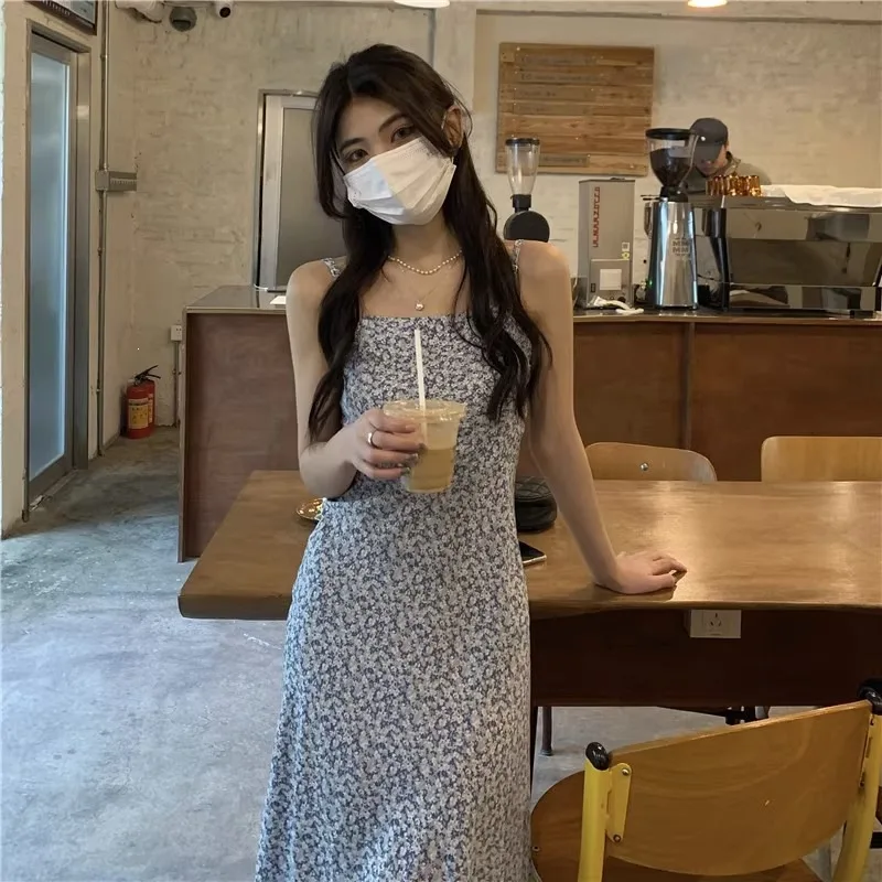 French Style Floral Print Midi Dress Women's Summer New Fresh Retro Strapless Skirt Long Tea Break Dress Polyester Fabric