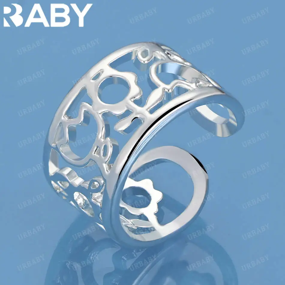 

URBABY 925 Sterling Silver Hollow Pattern Open Ring For Women Fashion Jewelry Charm Grace Noble Wedding Accessories