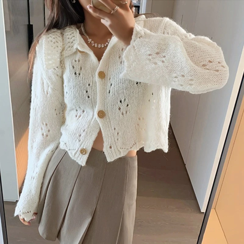 

Элегантный милый кардиган, короткий свитер, женский осенний модный вязаный топ с длинным рукавом и кукольным воротником, повседневное корейское полое трикотажное пальто