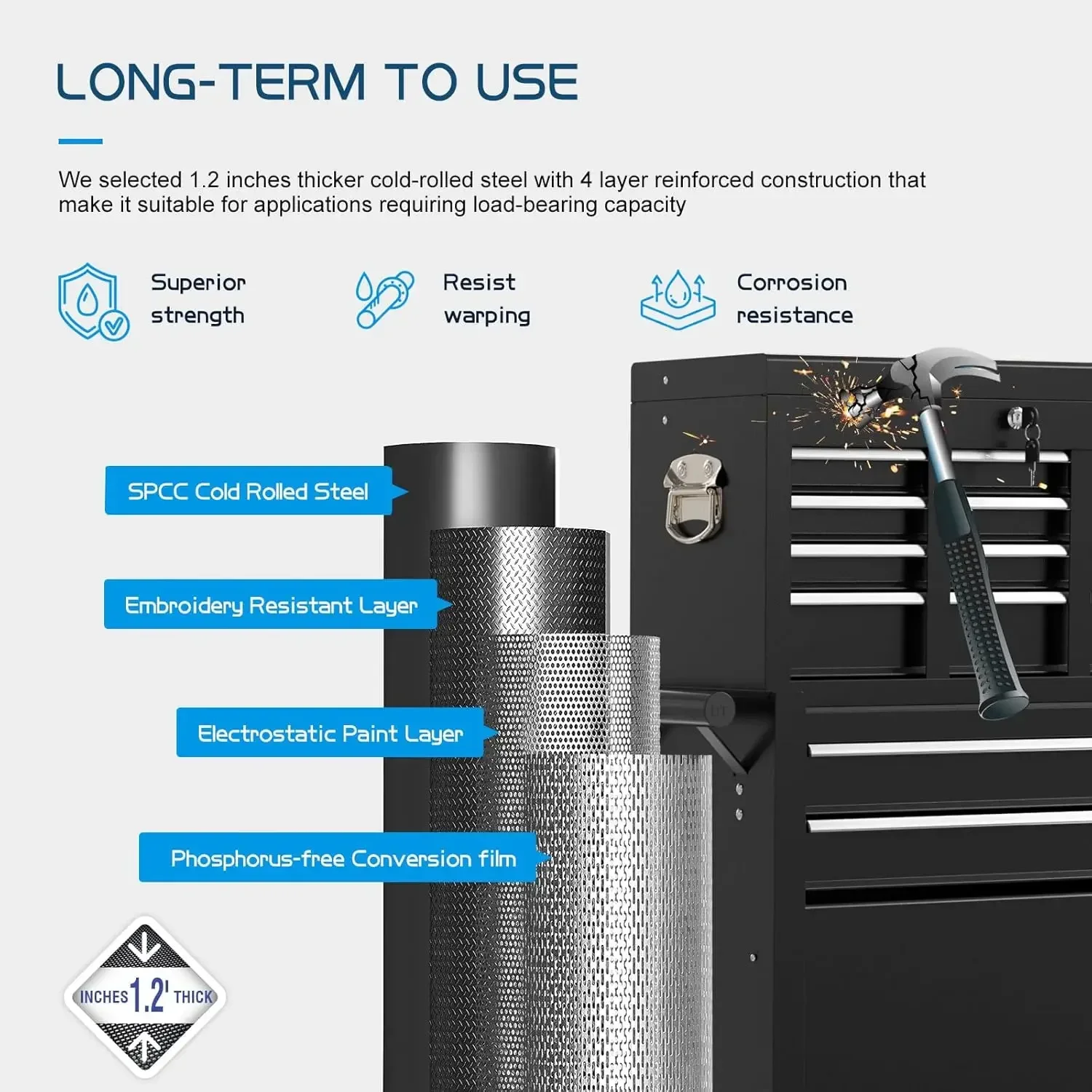 Lemari Alat Penggulung Tugas Berat 8 Laci |   Kabinet Perkakas Logam 2-in-1 yang Dapat Dilepas dengan Laci & Roda yang Dapat Dikunci untuk Bengkel Garasi