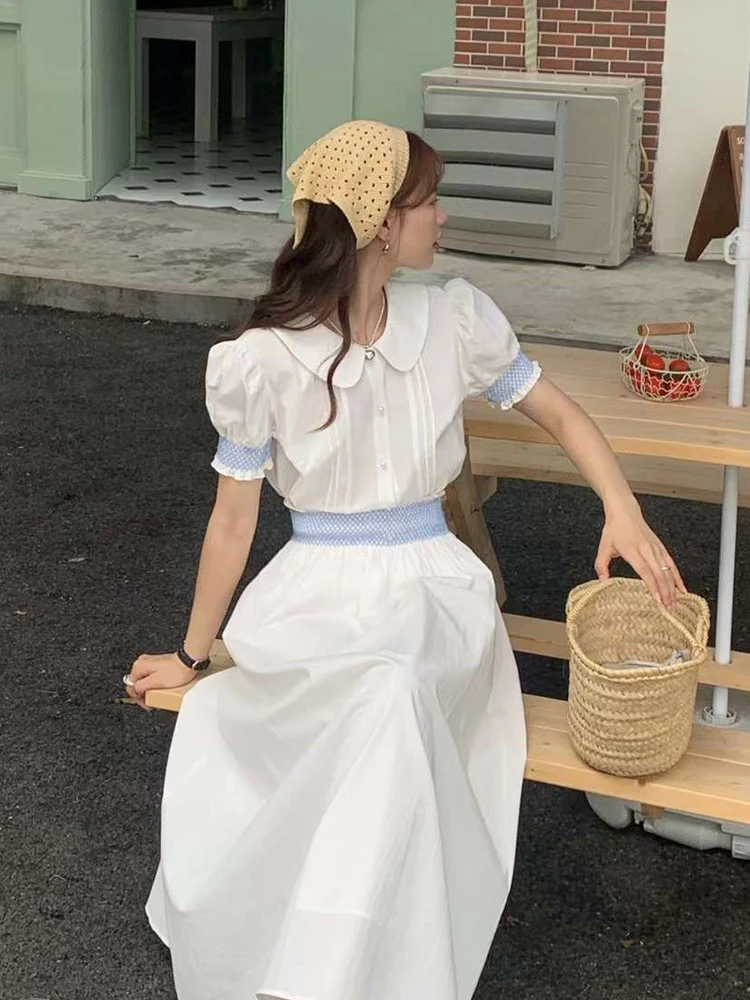 

Korean Sle ort irt And f Skirt Set for Women Cute Doll Collar Bubble Sve Faionable Two Piece Suit Summer 2024