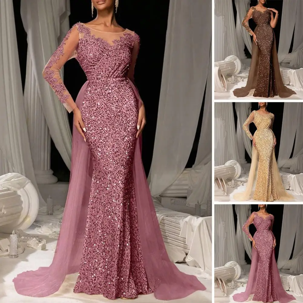Stylish Cocktail Dress Elegant Sequin Evening Dress with Lace Sleeves Floor Length Maxi Dress for Cocktail Parties for Weddings