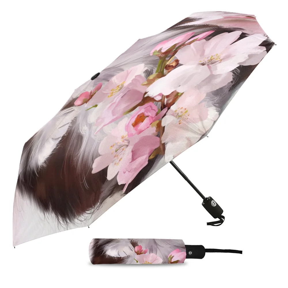 Pet Cat Cute Pink Carnation Flowers Creative Umbrella Rain Women Automatic Three Folding Umbrellas Windproof Parasol Parapluie