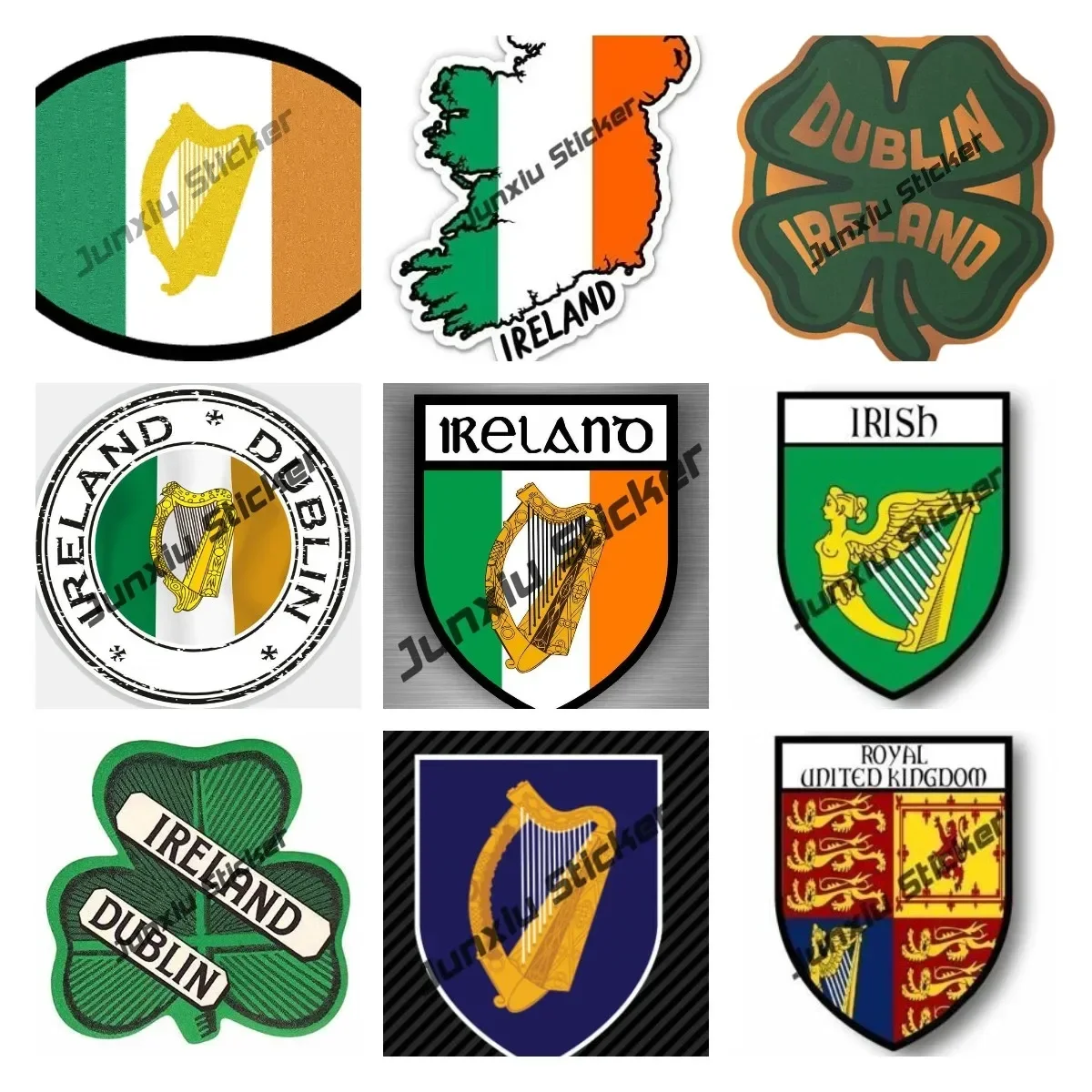 

Funny Royal Ireland Tricolor Sticker Shamrock Coat of Arms of Irish Dublin City Shield Travel Stamp Outdoor Waterproofing Decal