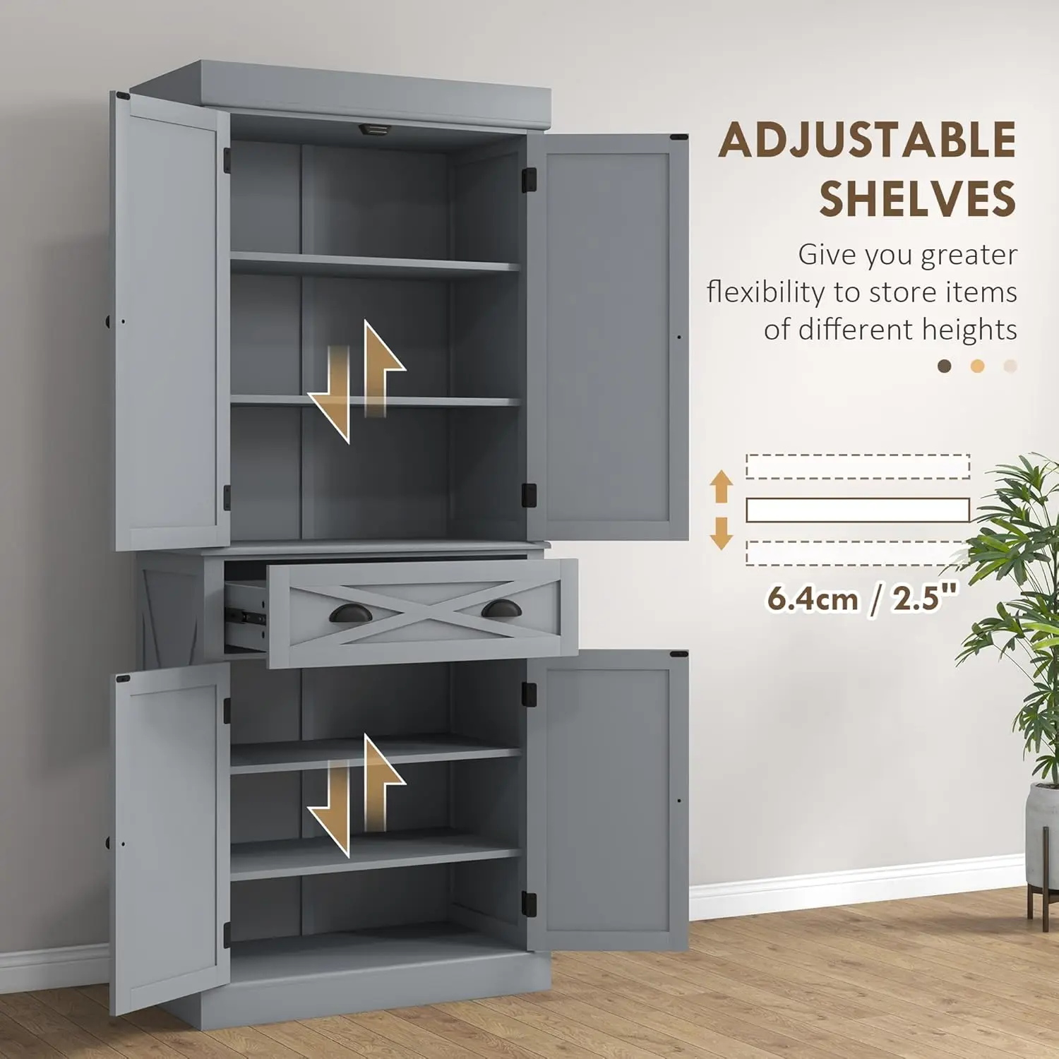 Traditional Freestanding Cupboard with 4 Doors and 2 Adjustable Shelves, Large Central Drawer, X-Frame, Gray