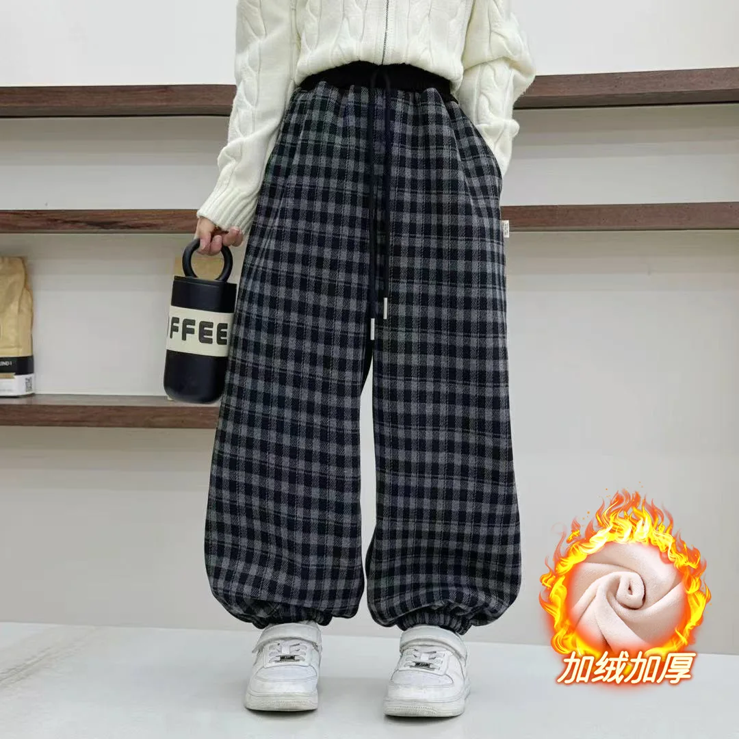 1pcs Children's Plush Warm Sports Casual Pants Autumn Winter Boys And Girls Grid Black Fashion Thick Windproof Harun Trousers