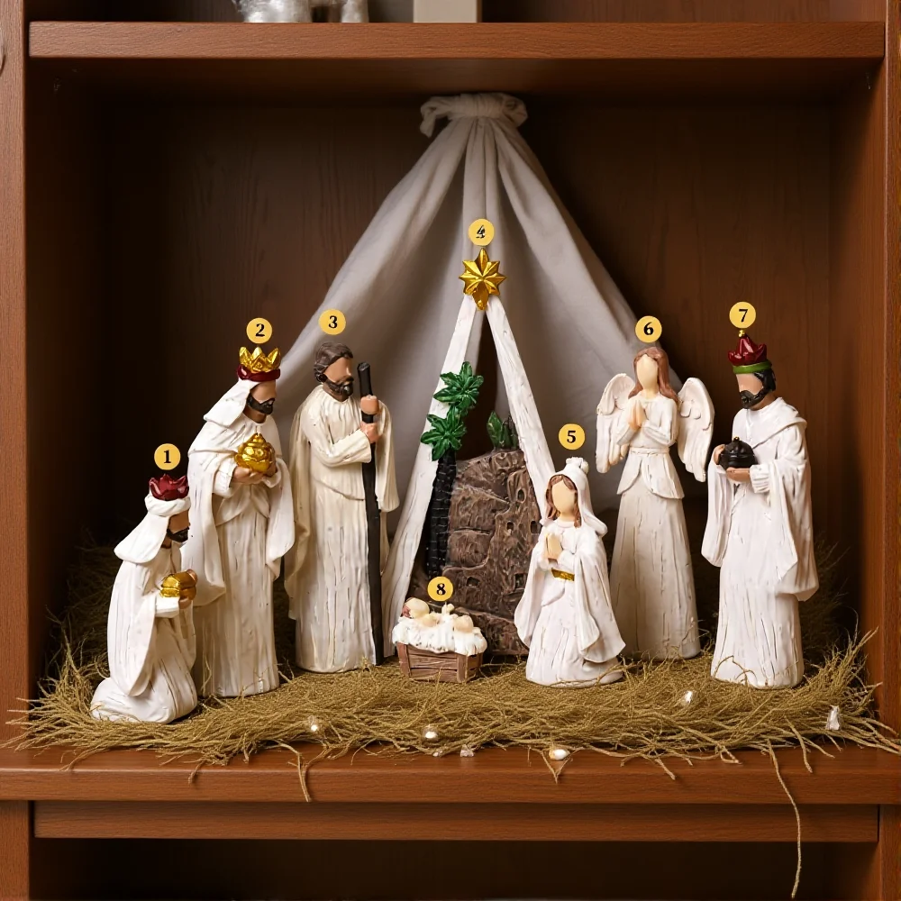 8 قطعة/المجموعة ولادة يسوع المهد مدير مجموعة عيد الميلاد الديكور الأسرة المقدسة الحرف تمثال الراتنج الأسرة المقدسة الجدول الحلي ﻿
