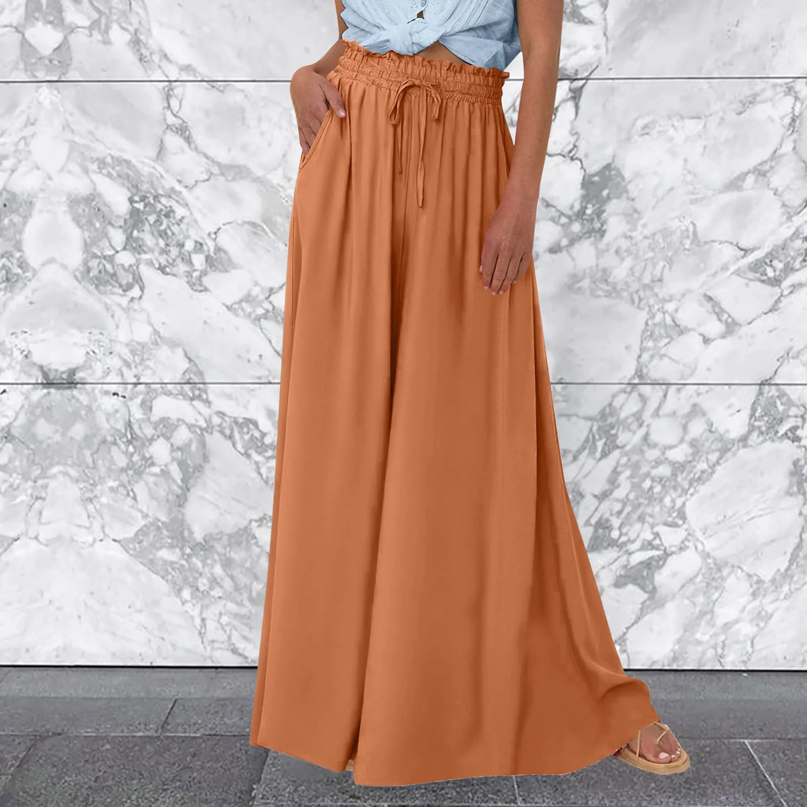 Women's Solid Color Beach Trousers Elastic High Waist Wide Leg Long Pants Female Loose Casual Pants Streetwear Versatile