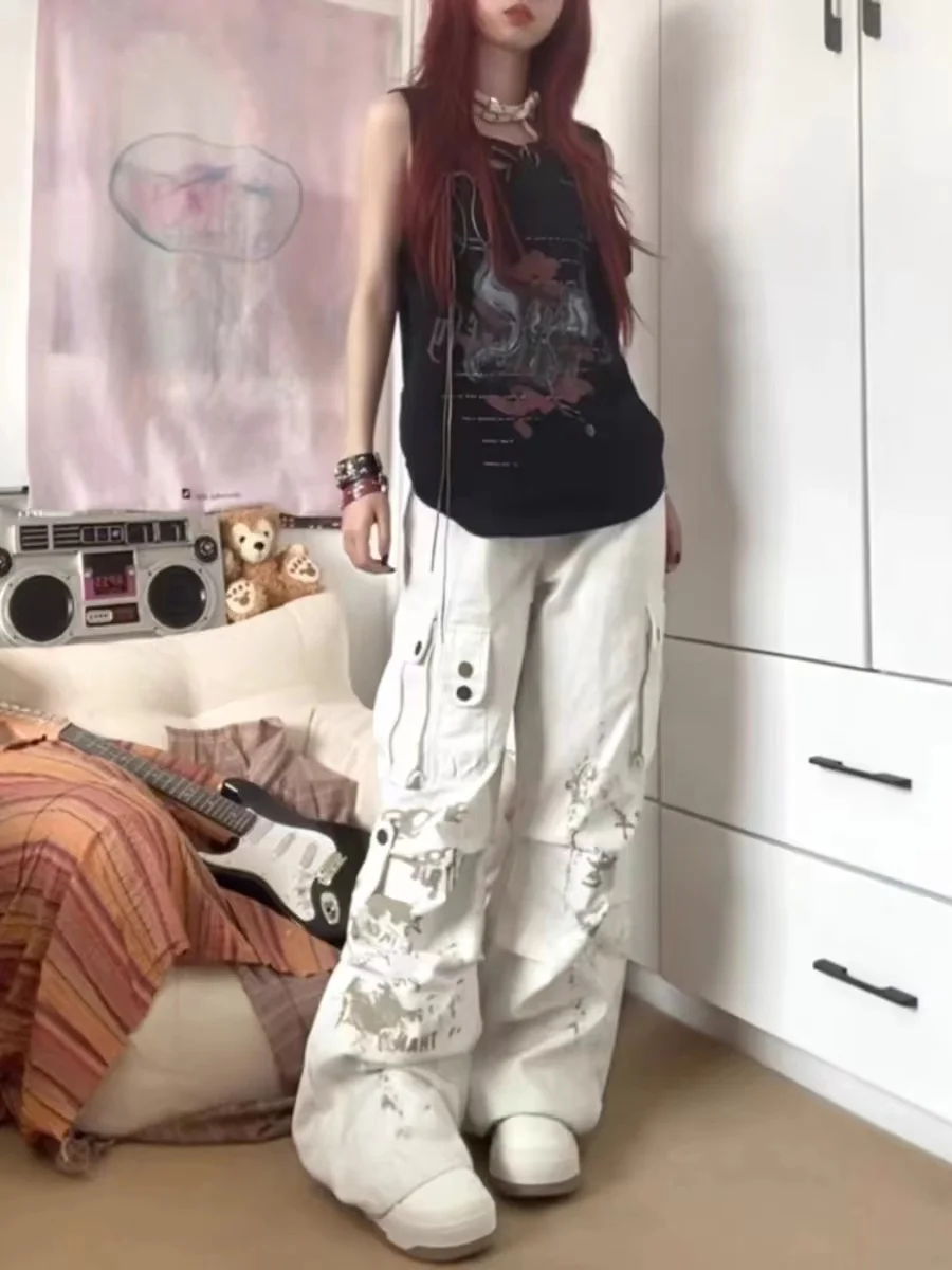 Retro Vintage Dirty Washed Folded White Denim Jeans Women's High Street Autumn Multi Pocket Wide Leg Long Casual Pants
