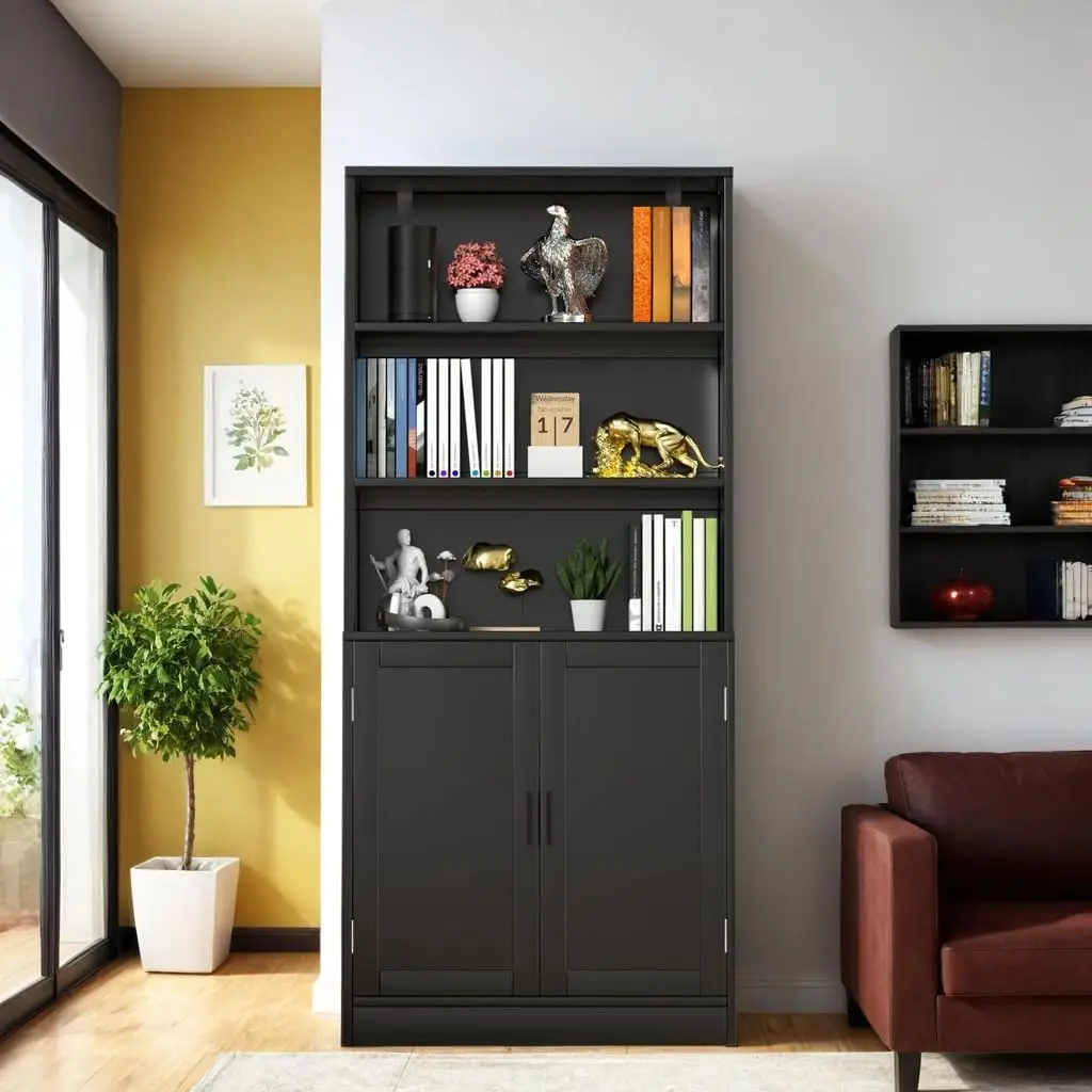 75" hohes Bücherregal mit Türen, 5-stufiges großes Bücherregal mit Schrank, stehendes Bücherregal aus Holz für Wohnzimmer, Büro