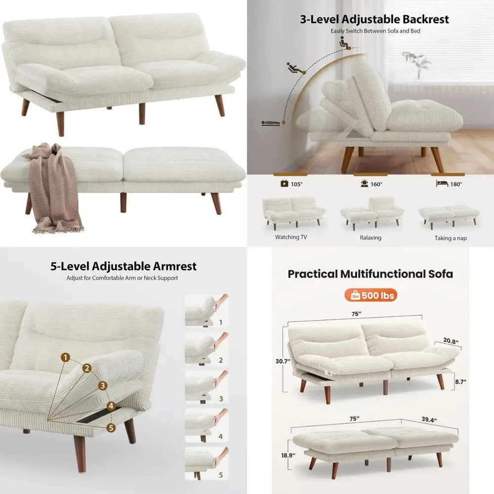Vintage Corduroy Futon Sofa Bed with Adjustable Backrest and Armrests, 73 Couch for Small Spaces, Living Room Furniture