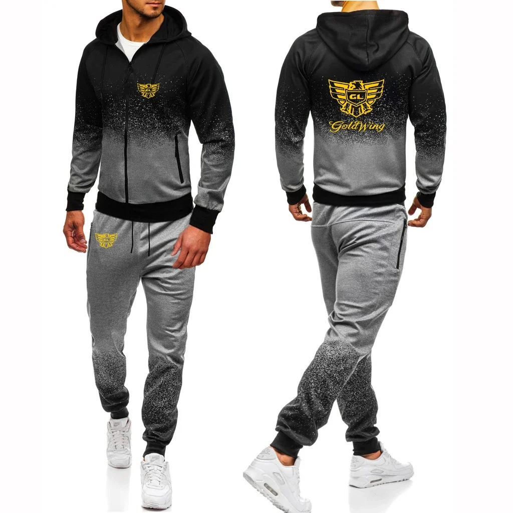 Goldwing GL1500 New High Quality Sportswear Gradient Color Men's Hoodie + Pants Suit Print Casual Cotton Zipper Sweatshirt Set