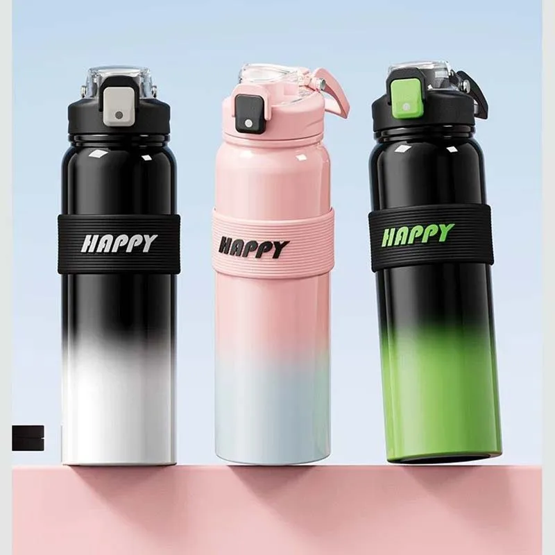 SUS316L Stainless Steel Sports Thermos Bottle Gradient Color Flip Straw Insulated Water Bottle for Outdoor Gym Travel Camping