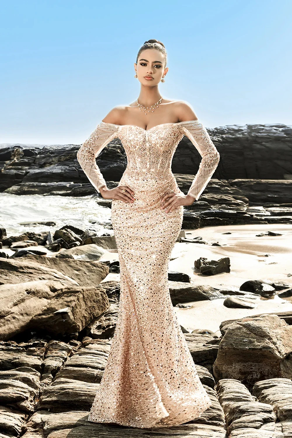 

DRESS FORU Elegant Wedding Party Sequin for Floor-Length One Word Collar Prom Dress Embroidery Vestidos De Fiesta Customized