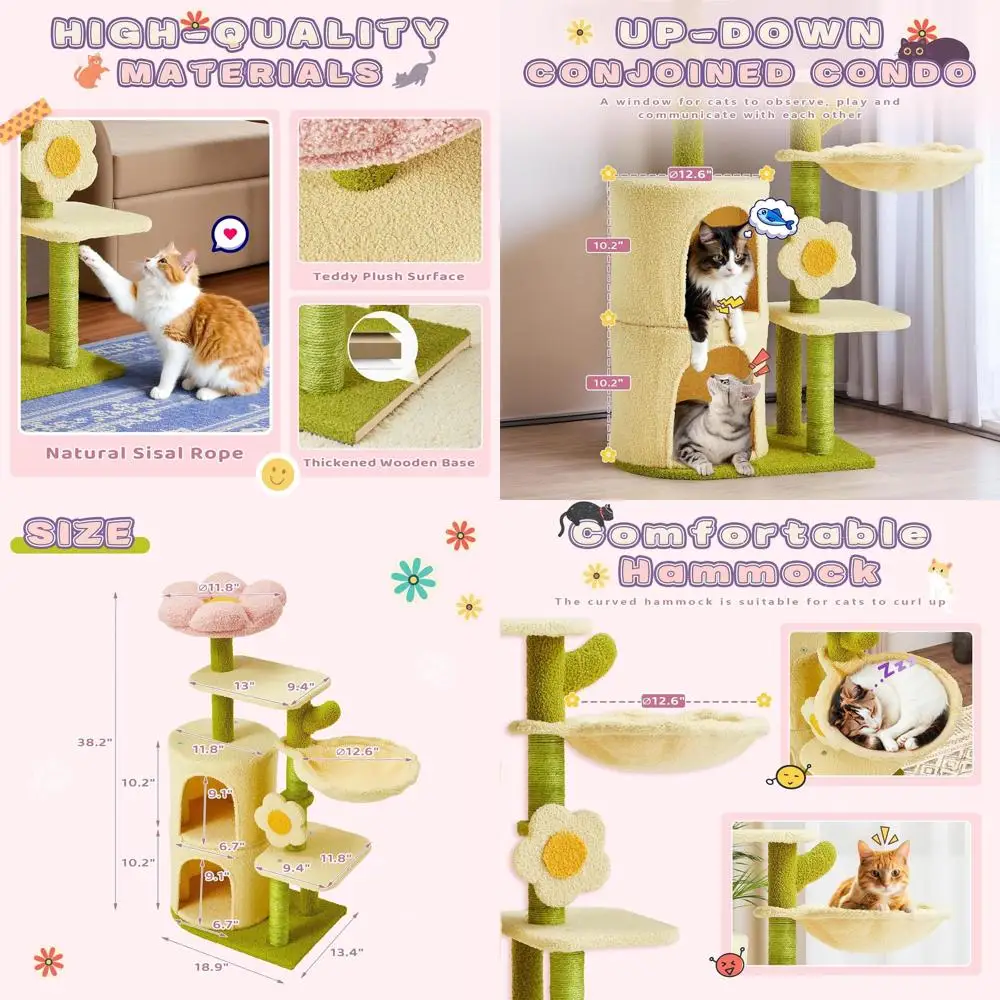 

38.2 Multi-Level Indoor Cat Tree with Flower Top, Cozy Condos, Hammock, and Scratching Post