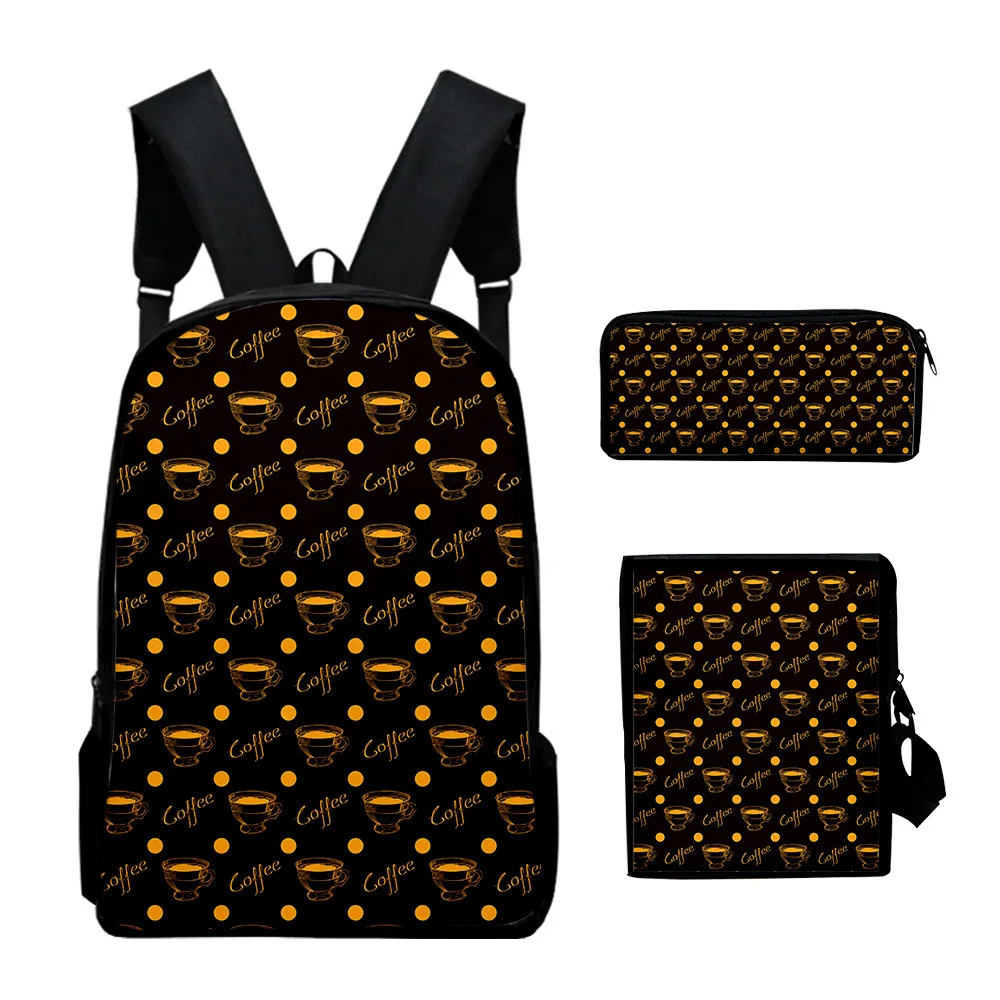 Cartoon Youthful Funny Text coffee 3D Print 3pcs/Set Student Travel bags Laptop Daypack Backpack Shoulder Bag Pencil Case