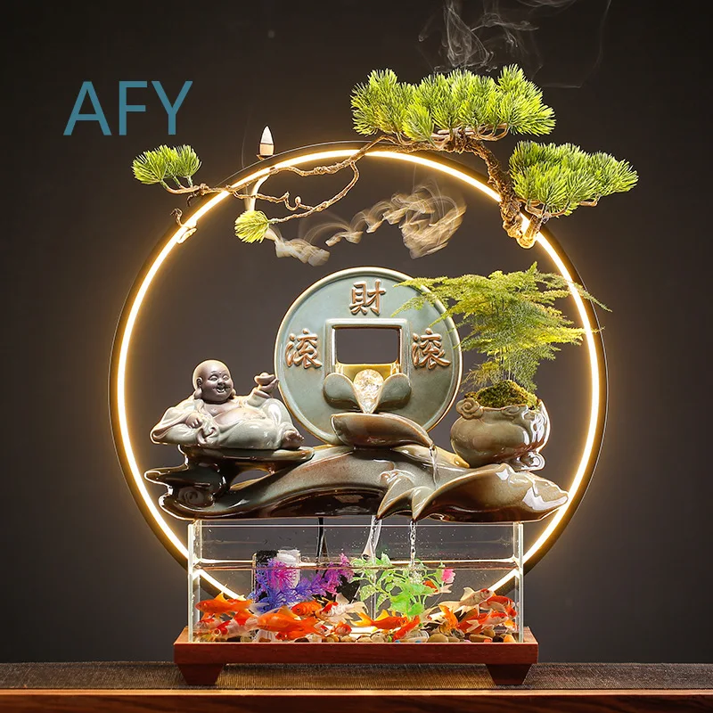 New Chinese Style Flowing Water Glass Fish Tank Decor for Home Office Living Room Desktop Entryway Decoration and Opening