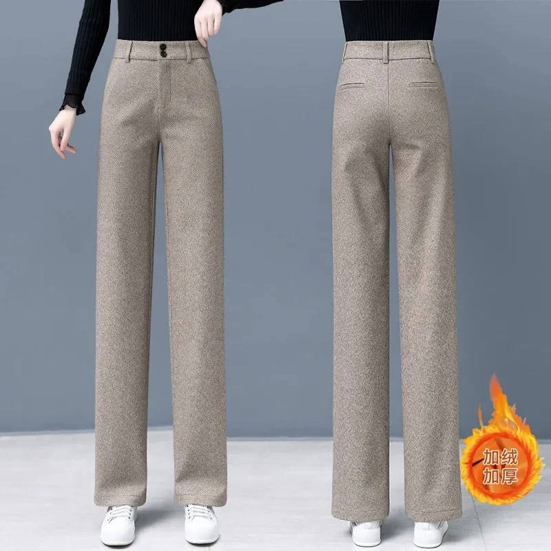 

Fall Winter Office Woolen Wide Leg Pants Women Casual High Waist Thicken Pantalones New Wool Blend Warm Straight OL Sweatpants