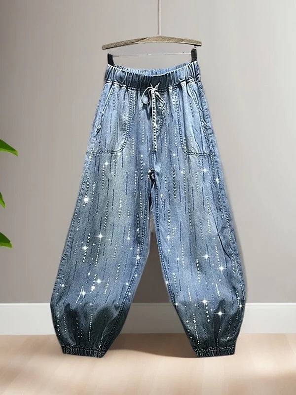 

Spring 2026 High Waist Bell Bot Denim Jeans Women's Slim Fit Elastic Waist Glittering Drill Lantern Sle Casual Jeans
