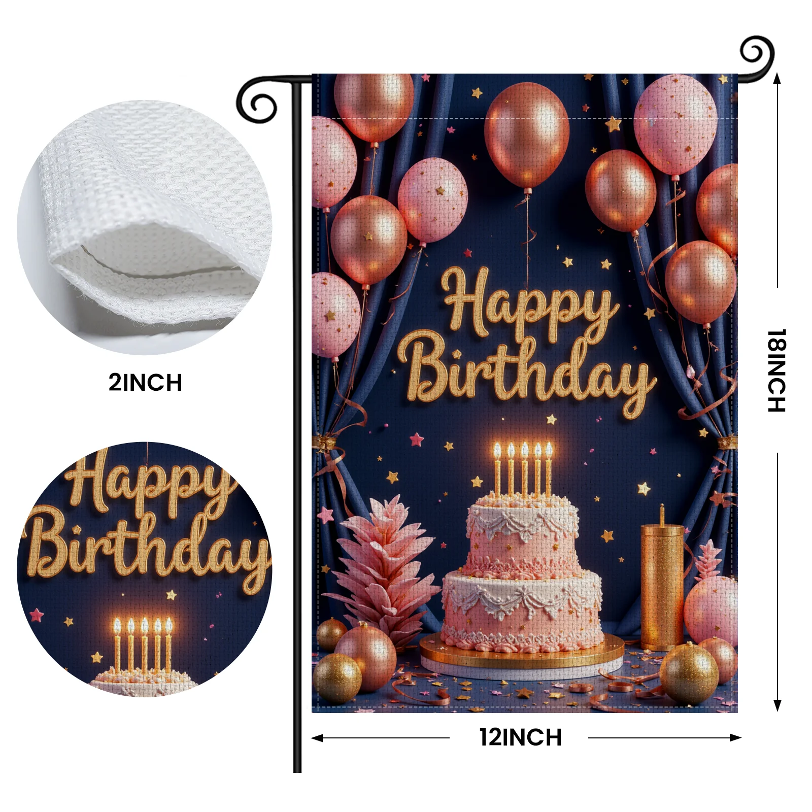 Garden Flag Pink & Gold Birthday Outdoor Banner Sparkling Star Decor Navy Blue Backdrop Birthday Celebration Flag for Birthday