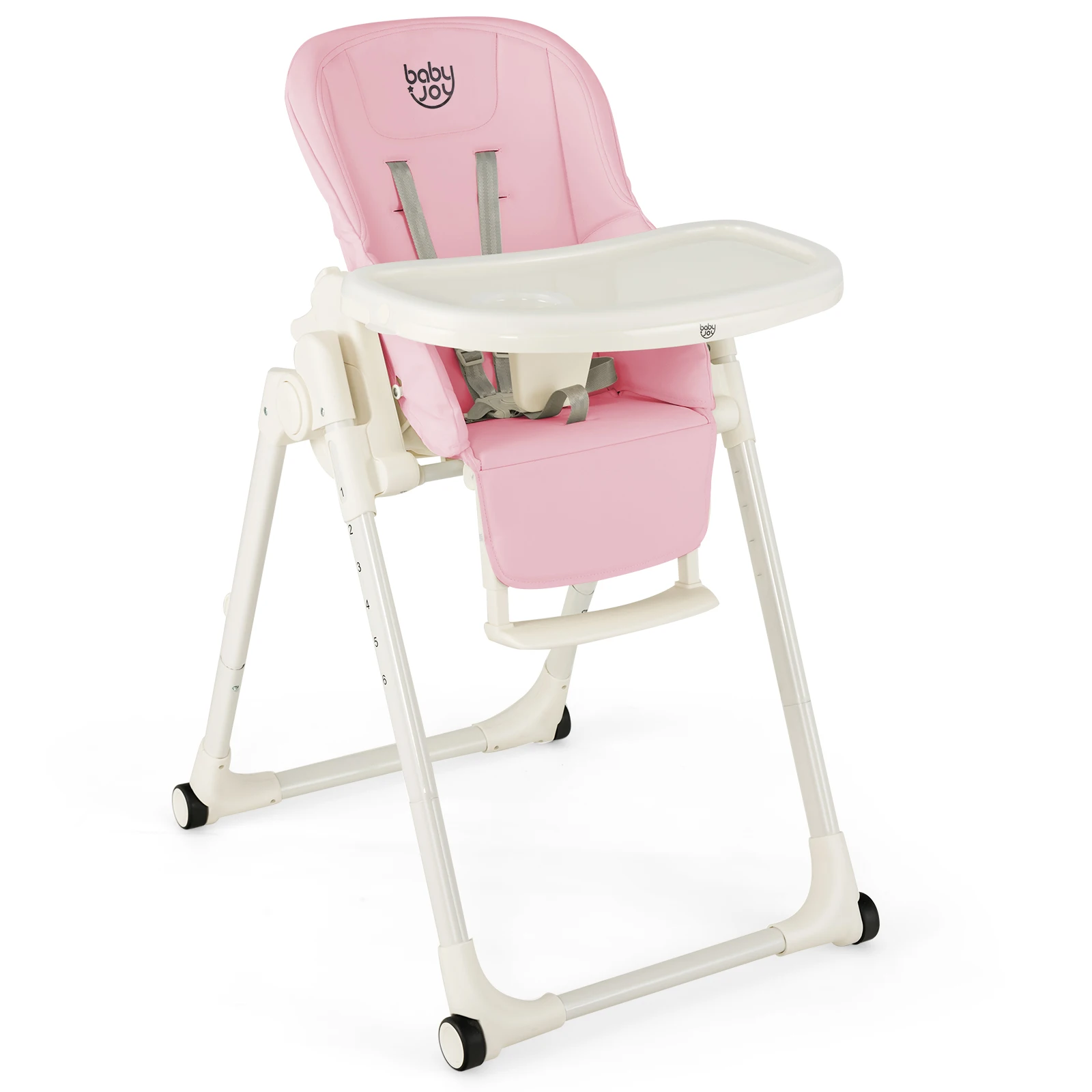 4-in-1 Foldable Baby High Chair Height Adjustable Feeding Chair w/ Wheels Pink