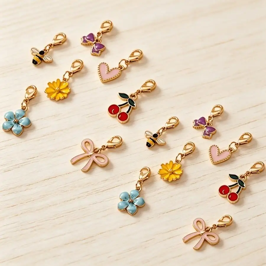 1/5/10/20/50/100pcs Cute enamel bag charm pieces with lobster clasps; mini heart, flower, bee, and cherry pendants for bags, bac