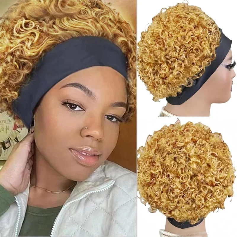 6 Inch #27 Kinky Curly Human Hair Headband Wig for Women, Machine Made, 150% Density Headband Wig